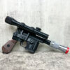 Han Solo DL-44 replica secured in a leather holster as part of a full Star Wars cosplay outfit